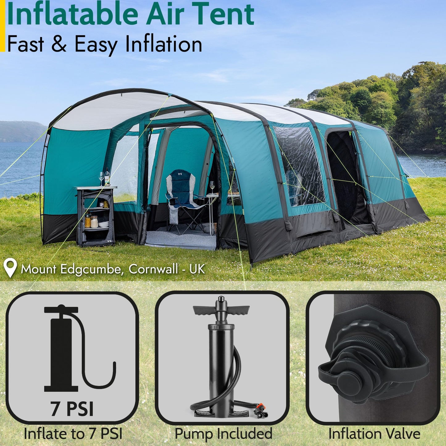 Trail Luxton Inflatable 6 Man Air Tent, Large Family Camping Tunnel Tent, 5000mm Waterproof, Dark Zone Bedroom, Living Area, Front Awning, Cable Access, Bag & Pump (L600cm x W380cm x H210/200cm)