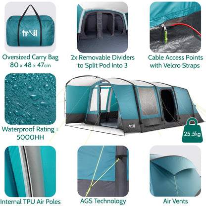 Trail Luxton Inflatable 6 Man Air Tent, Large Family Camping Tunnel Tent, 5000mm Waterproof, Dark Zone Bedroom, Living Area, Front Awning, Cable Access, Bag & Pump (L600cm x W380cm x H210/200cm)