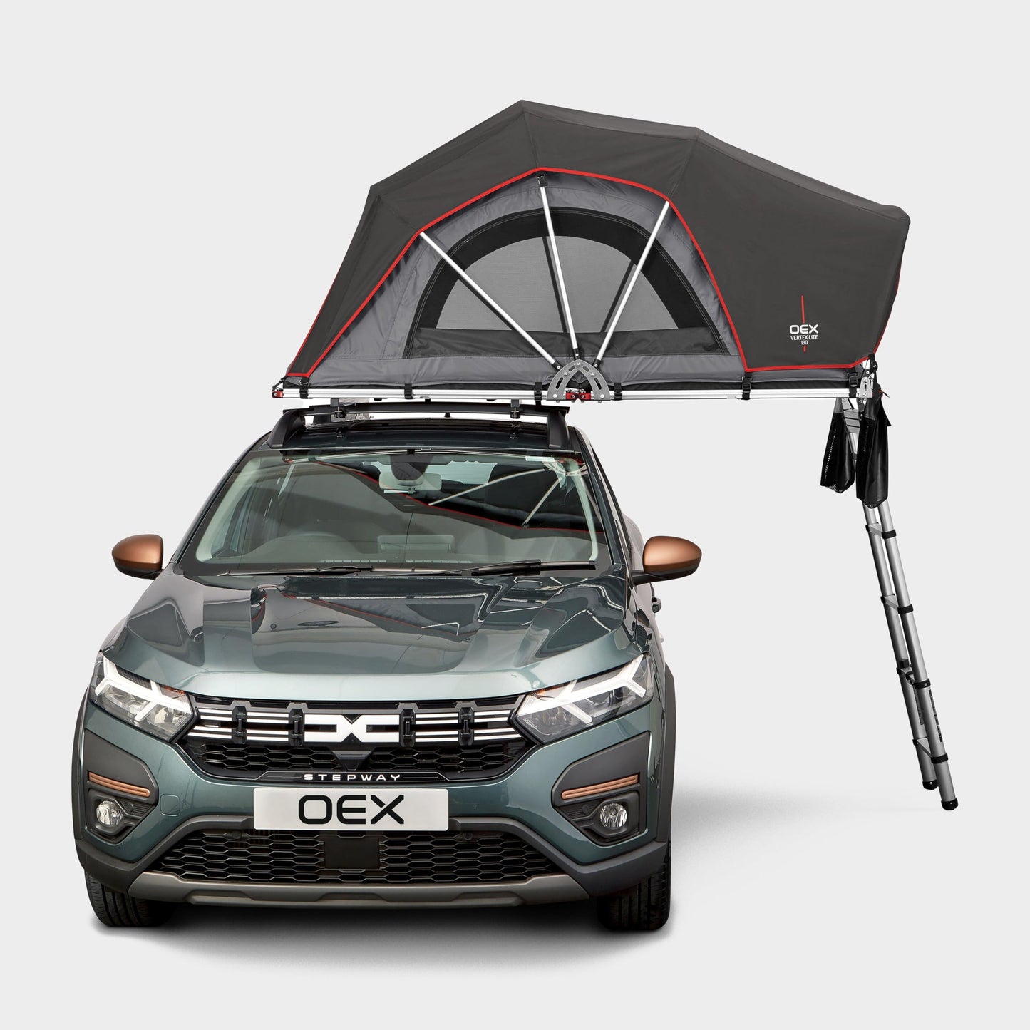 OEX Vertex Lite 130 Roof Tent with Integrated Foam Mattress & Foldaway Ladder, 2 Man, Darkened Bedroom, Panoramic Windows, High Compatibility, Car, Vehicle, Camping & Travelling, 6000mm HH, Grey