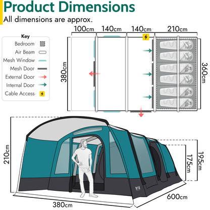 Trail Luxton Inflatable 6 Man Air Tent, Large Family Camping Tunnel Tent, 5000mm Waterproof, Dark Zone Bedroom, Living Area, Front Awning, Cable Access, Bag & Pump (L600cm x W380cm x H210/200cm)