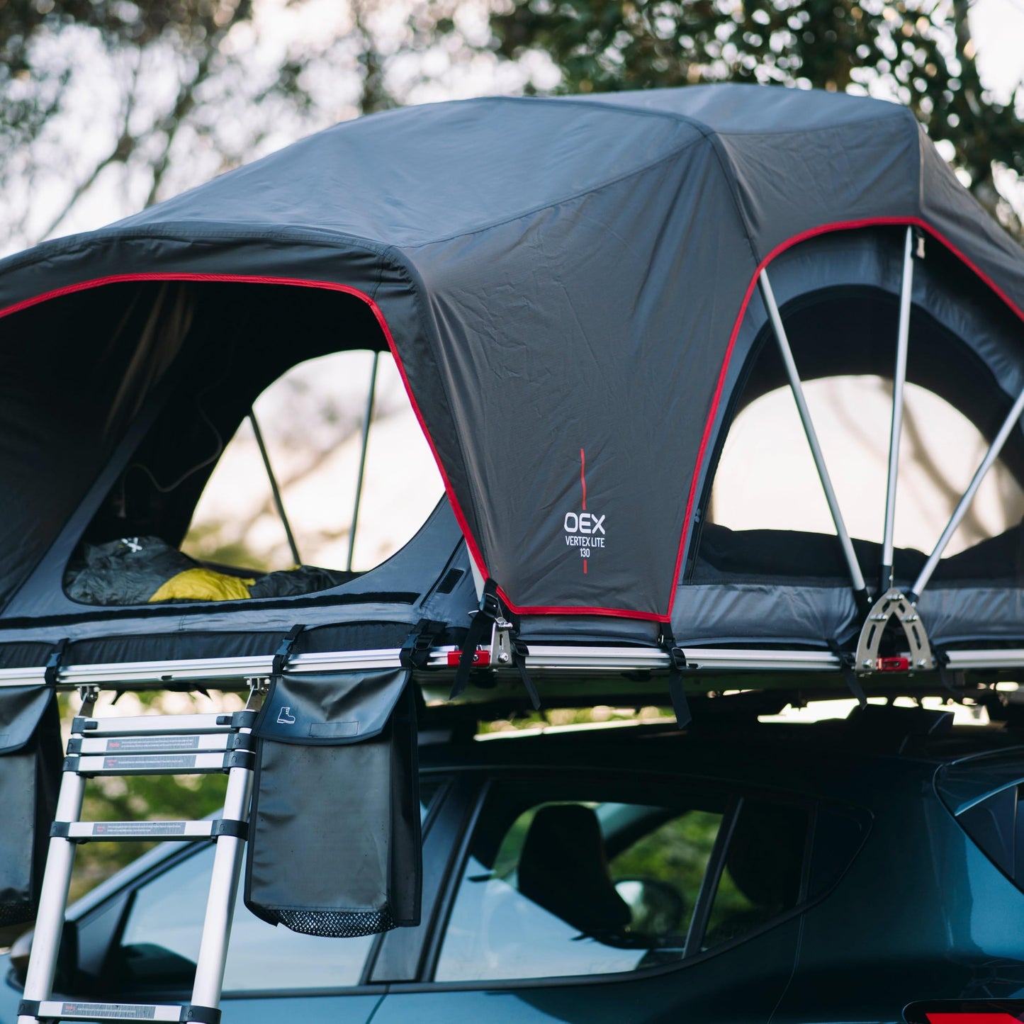 OEX Vertex Lite 130 Roof Tent with Integrated Foam Mattress & Foldaway Ladder, 2 Man, Darkened Bedroom, Panoramic Windows, High Compatibility, Car, Vehicle, Camping & Travelling, 6000mm HH, Grey