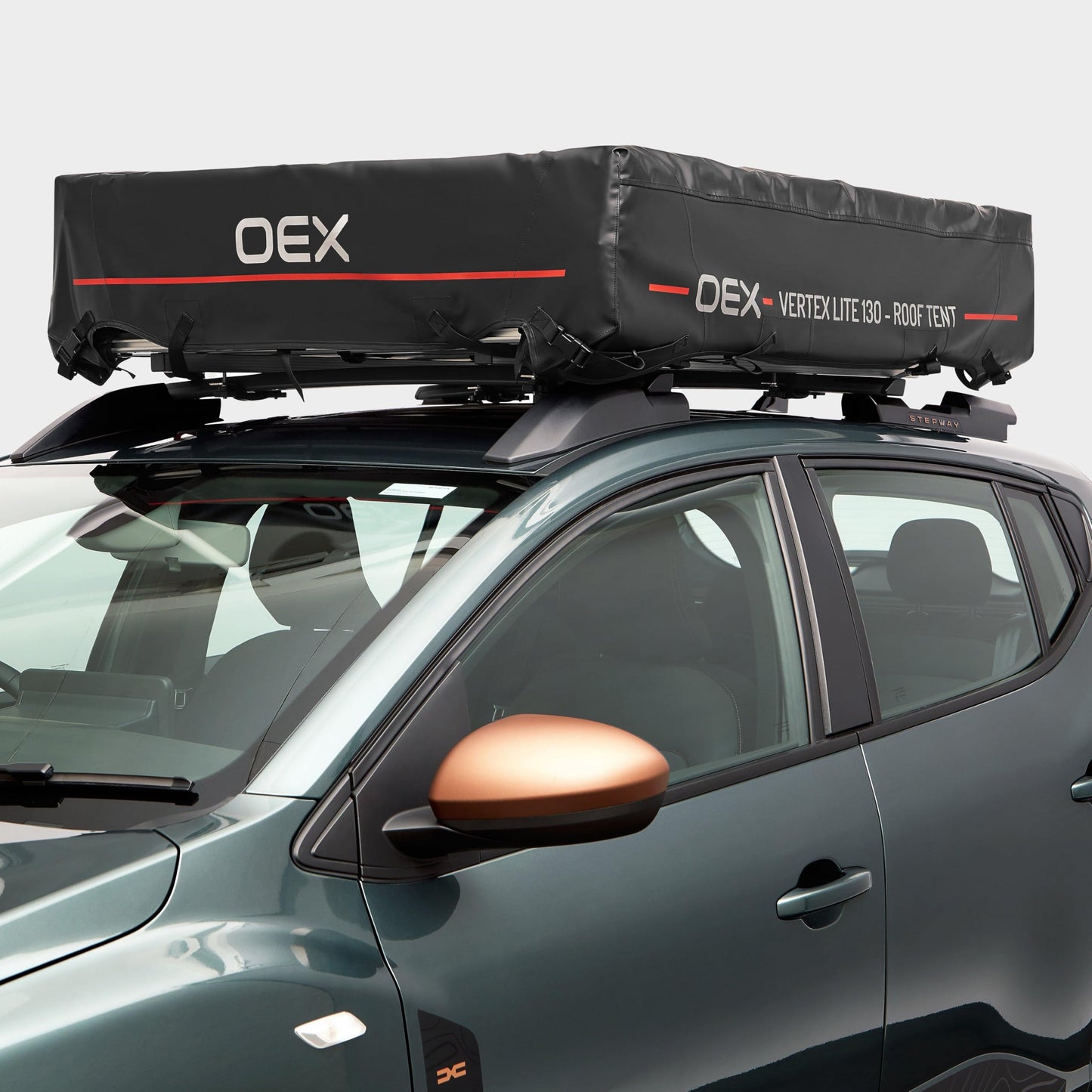 OEX Vertex Lite 130 Roof Tent with Integrated Foam Mattress & Foldaway Ladder, 2 Man, Darkened Bedroom, Panoramic Windows, High Compatibility, Car, Vehicle, Camping & Travelling, 6000mm HH, Grey
