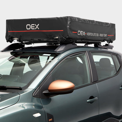OEX Vertex Lite 130 Roof Tent with Integrated Foam Mattress & Foldaway Ladder, 2 Man, Darkened Bedroom, Panoramic Windows, High Compatibility, Car, Vehicle, Camping & Travelling, 6000mm HH, Grey