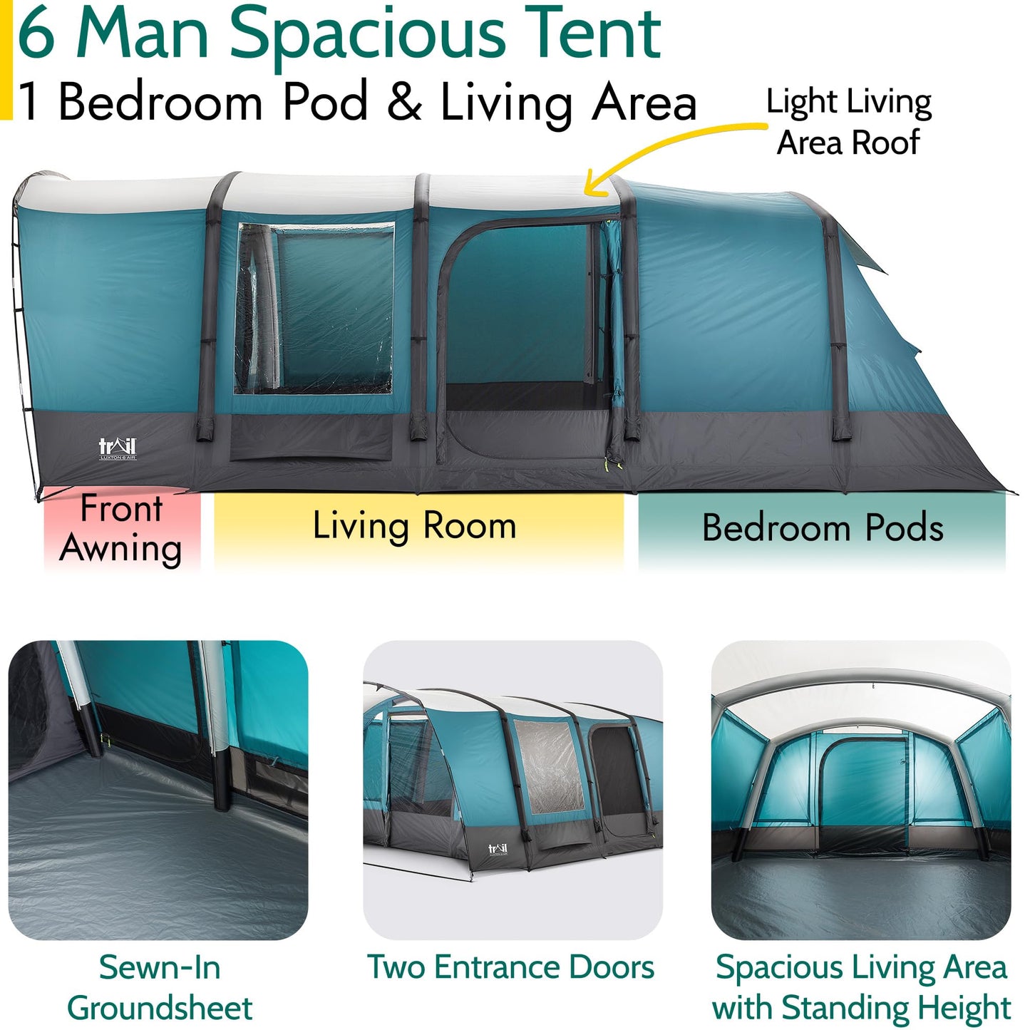 Trail Luxton Inflatable 6 Man Air Tent, Large Family Camping Tunnel Tent, 5000mm Waterproof, Dark Zone Bedroom, Living Area, Front Awning, Cable Access, Bag & Pump (L600cm x W380cm x H210/200cm)