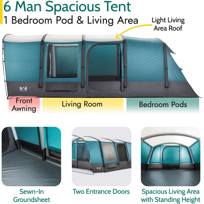 Trail Luxton Inflatable 6 Man Air Tent, Large Family Camping Tunnel Tent, 5000mm Waterproof, Dark Zone Bedroom, Living Area, Front Awning, Cable Access, Bag & Pump (L600cm x W380cm x H210/200cm)