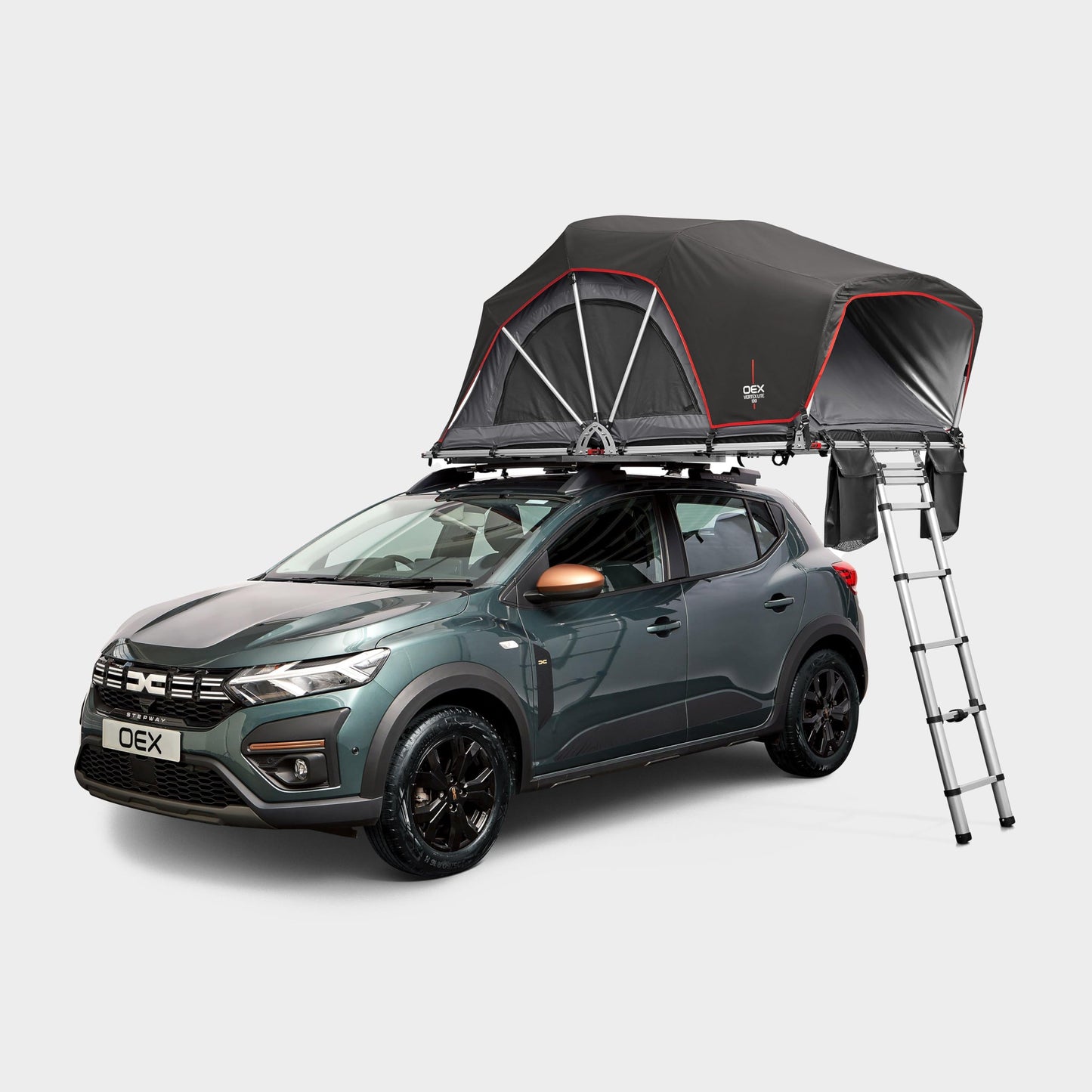 OEX Vertex Lite 130 Roof Tent with Integrated Foam Mattress & Foldaway Ladder, 2 Man, Darkened Bedroom, Panoramic Windows, High Compatibility, Car, Vehicle, Camping & Travelling, 6000mm HH, Grey