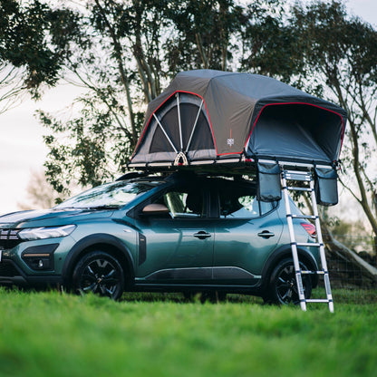 OEX Vertex Lite 130 Roof Tent with Integrated Foam Mattress & Foldaway Ladder, 2 Man, Darkened Bedroom, Panoramic Windows, High Compatibility, Car, Vehicle, Camping & Travelling, 6000mm HH, Grey